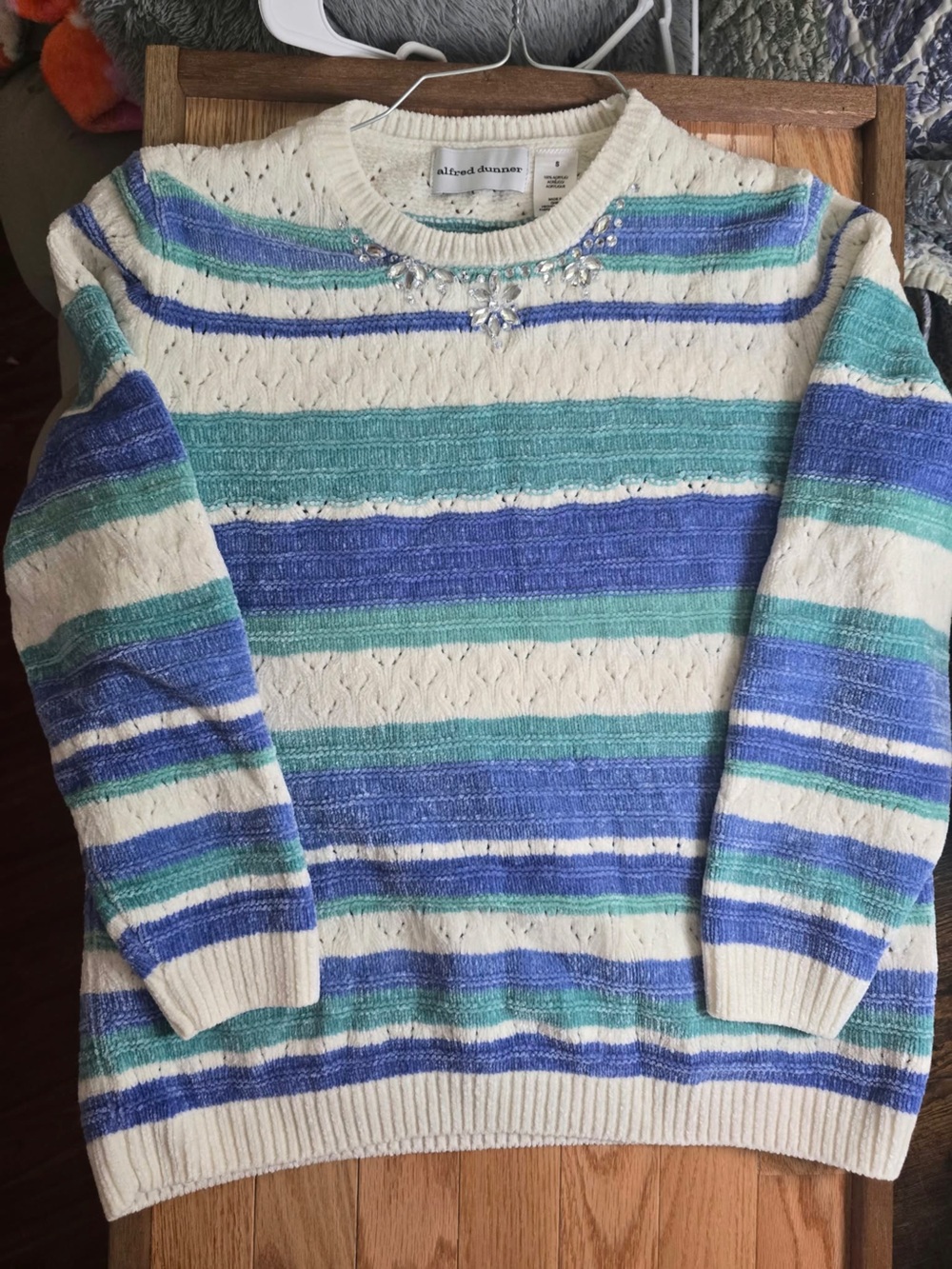 Alfred Dunner Cream, Blue & Teal Striped Crewneck Sweater